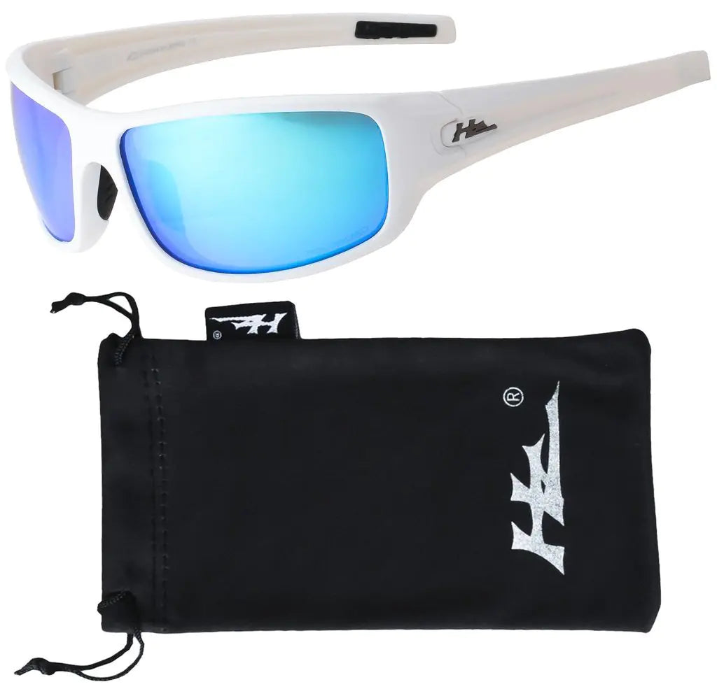 Hornz HZ Series Arkana - Premium Polarized Sunglasses Gloss White Frame - Blue Ice Mirror Lens